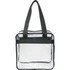 A clear zippered safety tote with black handles, featuring a spacious interior and a simple design.