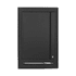 A black hardcover notebook and a silver stainless steel pen in a black gift box with a logo.