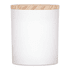 A white scented candle with soy wax, featuring a wooden lid. The candle is simple and elegant in design.