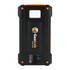 A black and orange solar power bank with a textured grip and a branding logo on the front.