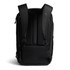 A black backpack with padded straps and a sleek design, featuring a logo on the back. Ideal for work and travel.