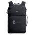 A black backpack with adjustable straps and a logo on the front. Features a sleek, modern design.