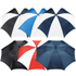 A range of golf umbrellas in black, white, blue, red, and navy, featuring a central logo on each.