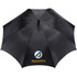 A black golf umbrella with a curved canopy and a logo printed on it.