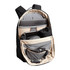 A black backpack with a beige interior, featuring multiple compartments for a laptop, accessories, and a drink bottle.