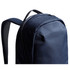 A navy blue backpack with a textured surface and adjustable shoulder straps, featuring a logo on the side.