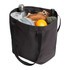 A black tote bag filled with a drink bottle, orange, bread, towel, and broccoli. It has two handles and a logo.