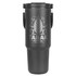 A drink bottle in a matte black finish, featuring decorative patterns and a carrying handle. It has a logo on the front.