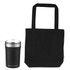 A black tote bag and a black drink bottle with a silver lid, featuring a logo on the bottle.