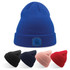 A collection of beanies in blue, black, navy, pink, and red, featuring a logo on the front of the blue beanie.
