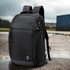 A black backpack with multiple compartments and padded straps, featuring a logo on the front.