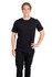 A black modern fit unisex t-shirt displayed on a male model standing with one hand on his hip.