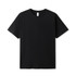 A black unisex modern fit tee displayed flat, featuring a round neckline and short sleeves. It has a logo.