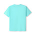 A light blue unisex modern fit t-shirt with short sleeves and a simple design. It features a logo on the back.