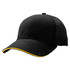 A black cap with a yellow accent along the brim and a logo on the front.