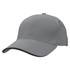 A grey cap with a curved brim and a logo, featuring a smooth fabric design.