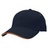 A navy cap featuring an orange trim and a logo on the side.