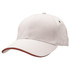 A beige cap with a curved brim and a contrasting red accent along the edge. It features a logo.