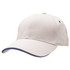 A cap featuring a white body and a contrasting blue trim, with a small logo on the side.