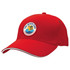 A red cap featuring a round patch with a beach design and a logo, accented with white trim.