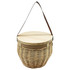 A natural woven basket with a round wooden lid and a brown shoulder strap. It features a textured finish.