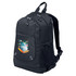 A black backpack with multiple compartments and a logo featuring a colourful summer-themed design on the front.
