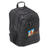 A black laptop backpack with multiple zippered compartments and a side mesh pocket. Features a colourful logo.