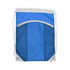 A blue drawstring bag featuring a mesh pocket and a top zipper, with a light grey trim and branding.