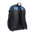 A black laptop backpack with blue accents, featuring padded straps and mesh side pockets.