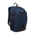 A navy blue laptop backpack with multiple compartments, zippers, and a side mesh pocket. It features a logo.