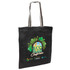 A black eco jute tote bag with leaf designs and a logo, featuring long, striped straps.