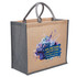 A jute tote bag in natural and grey, featuring a logo and vibrant artistic design on the side.