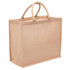 A beige eco jute tote bag with a wide gusset and twin handles. It features additional branding.