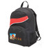 A black backpack with red accents and a side mesh pocket. It features a logo on the front.