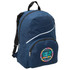 A navy blue backpack with a front zip pocket, featuring a logo. The backpack has adjustable straps and a curved design.