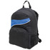 A black backpack with a blue design and a side mesh pocket, featuring a logo on the front.