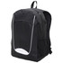 A black backpack featuring a mesh side pocket and a logo. It has a front zip pocket and padded back for comfort.