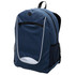 A navy blue backpack with a front zip pocket, mesh side pockets, and a logo on the front.