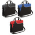 Three laptop bags in black with accents in grey, blue, and red, each featuring a shoulder strap and handle.