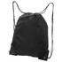 A black drawstring bag with a zippered pocket and adjustable straps, featuring a logo on the front.