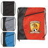A drawstring bag in black, grey, light blue, and orange, featuring a logo on the orange variant.