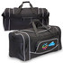 A black duffle bag with white piping and a logo on the side. Features dual handles and a detachable shoulder strap.