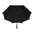 A black vented golf umbrella with a curved handle and multiple segments for extra coverage.