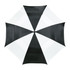 A black and white vented golf umbrella featuring a simple geometric design and a central button.