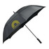 A black vented golf umbrella featuring a logo and a curved handle.