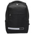 A black laptop backpack with a textured finish, front pocket, and a reflective stripe. Features a branding logo.