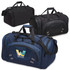 A collection of three duffle bags in black and navy, featuring various zippered compartments and logos.