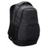 A grey laptop backpack featuring a spacious main compartment and mesh side pockets, with a logo on the front.