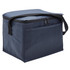 A navy blue cooler bag with a zippered closure and a carrying handle. It has a flat side pocket and a simple design.