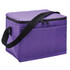A purple cooler bag with a zippered top and a black strap, featuring a front pocket and flat base.